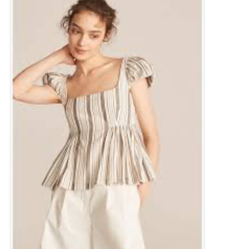 Rebecca Taylor Corded Puff-Sleeve Empire Blouse Gray white Stripes Cotton Size 2